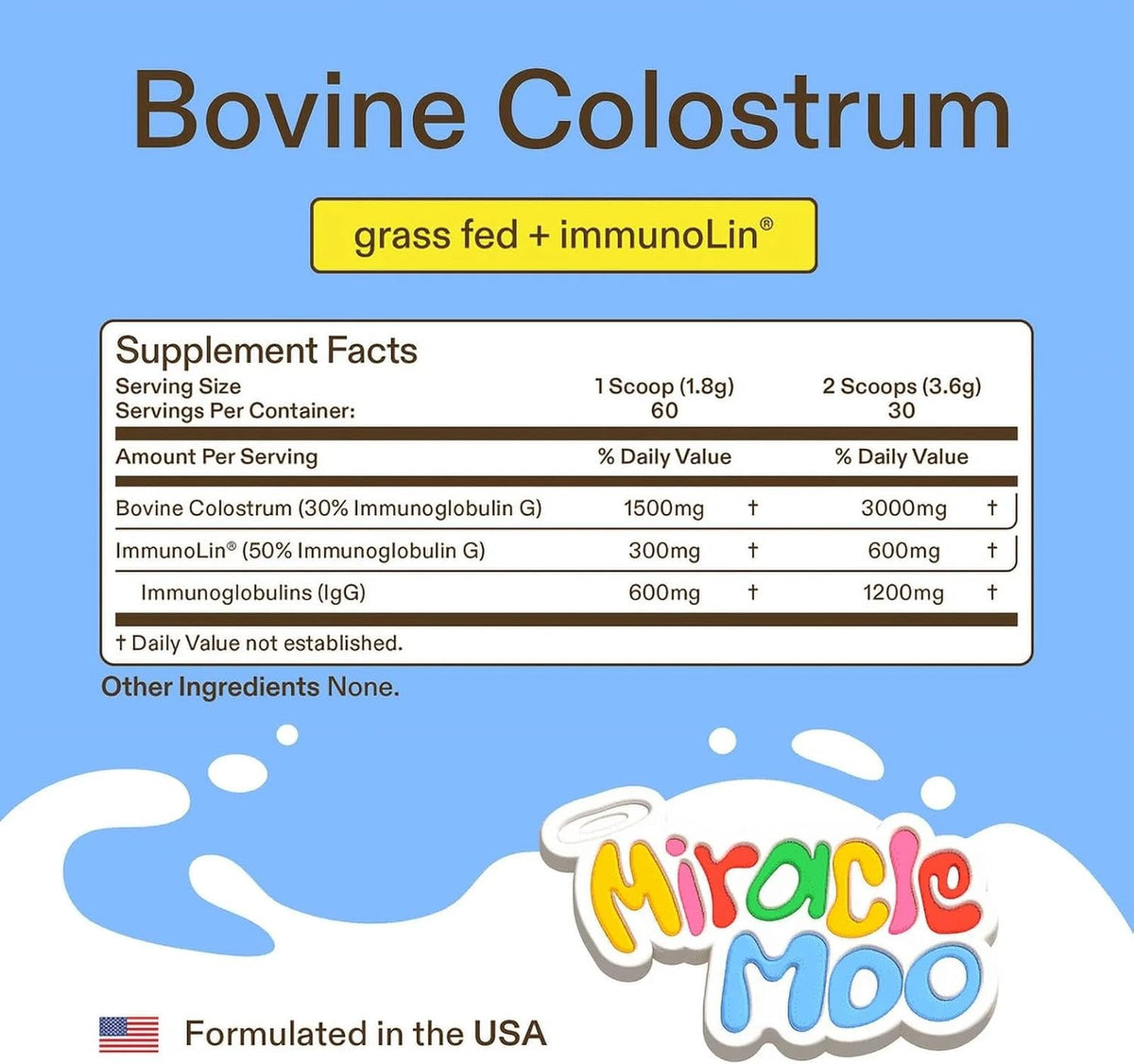 Miracle Moo Colostrum Supplement Unflavored, 60 Servings
