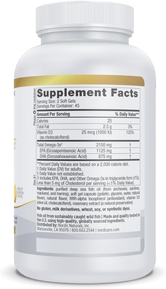 Nordic Naturals ProOmega 2000-D, 2150mg + 1000 IU D3, Lemon, 90 Count