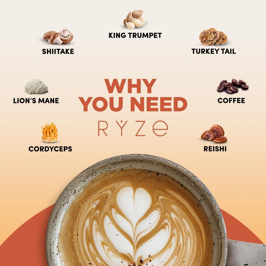 RYZE Organic Mushroom Coffee Medium Roast, 30 Servings