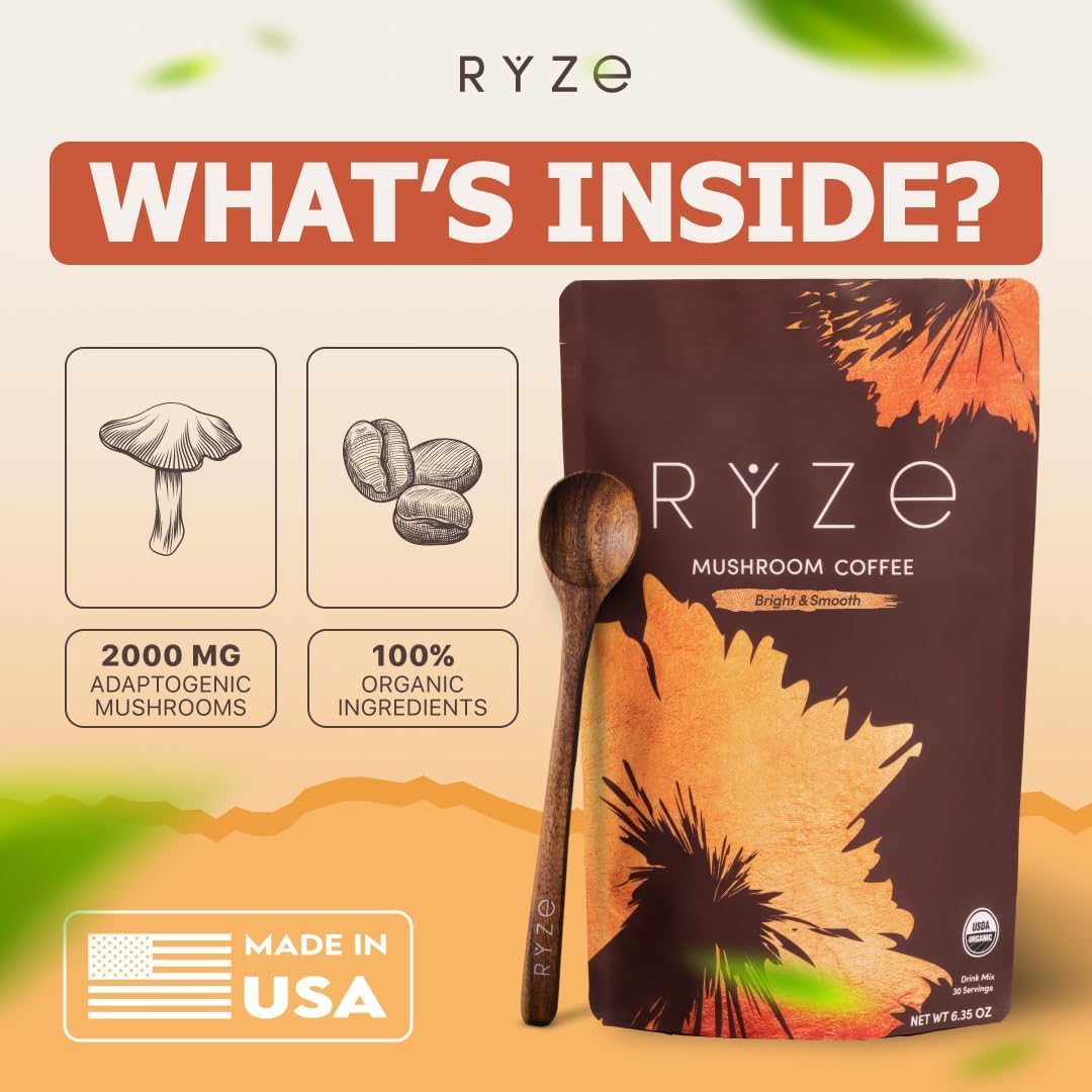 RYZE Organic Mushroom Coffee Medium Roast, 30 Servings