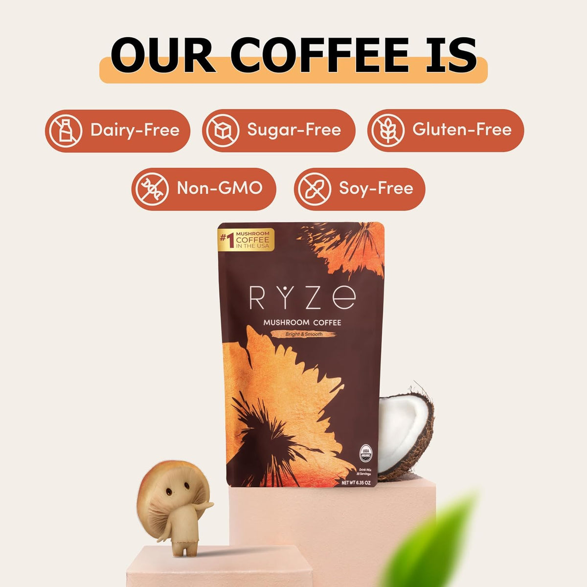 RYZE Organic Mushroom Coffee Medium Roast, 30 Servings
