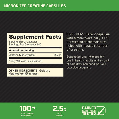 Optimum Nutrition Micronized Creatine Monohydrate Capsules, 300 Count