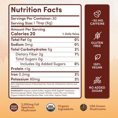 RYZE Organic Mushroom Coffee Medium Roast, 30 Servings