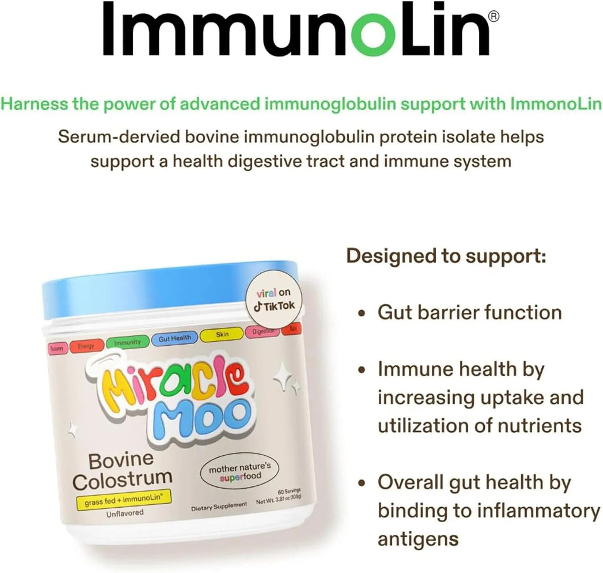 Miracle Moo Colostrum Supplement Unflavored, 60 Servings