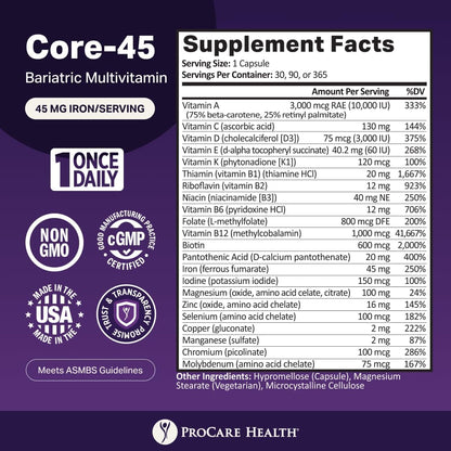 ProCare Health Core-45 Multivitamin 45mg Iron – 90 Capsules (2-Pack)