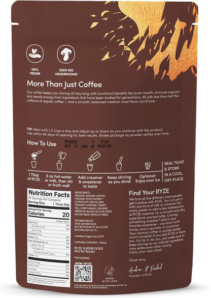 RYZE Organic Mushroom Coffee Medium Roast, 30 Servings