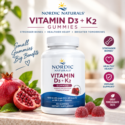 Nordic Naturals Vitamin D3+K2 Gummies, Pomegranate, 60 Count