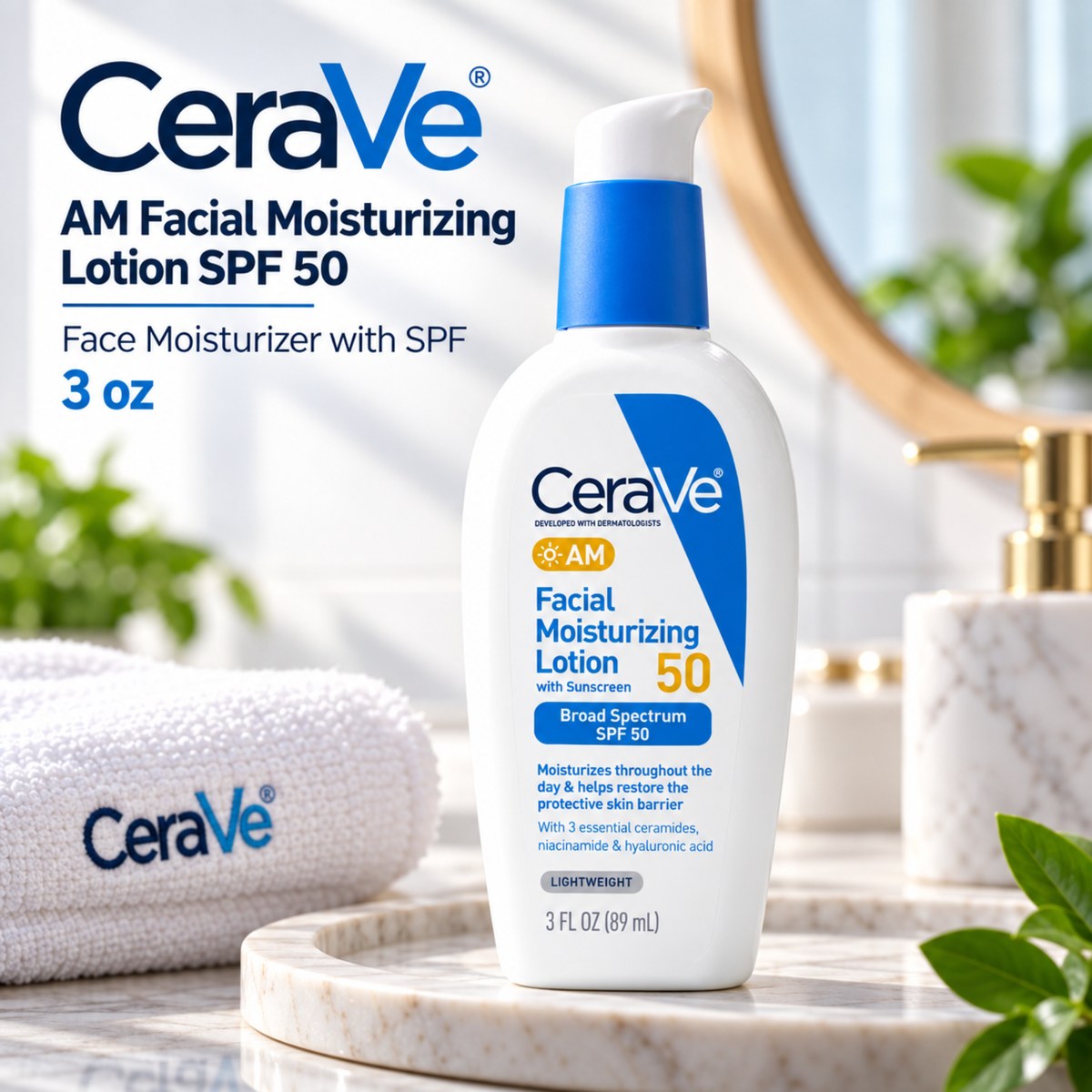 CeraVe AM Facial Moisturizing Lotion SPF 50 | Face Moisturizer with SPF | 3 oz