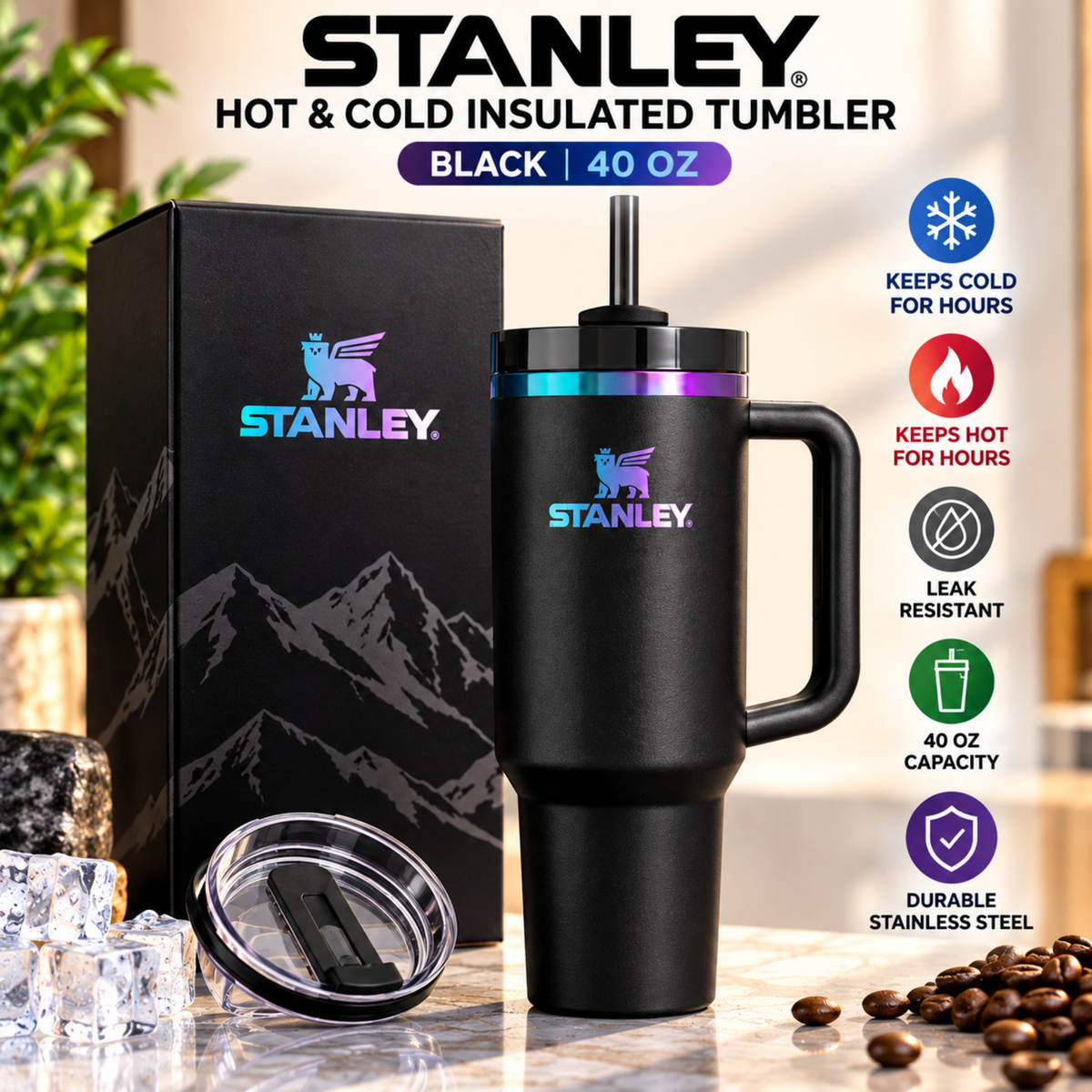 Stanley Quencher H2.0 FlowState Tumbler – 40 oz | Black Chroma