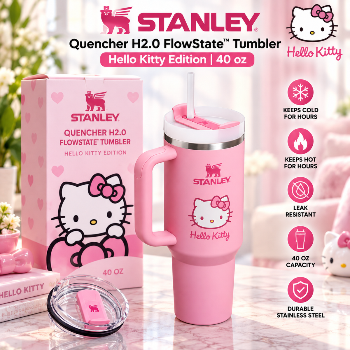 Stanley Quencher H2.0 FlowState Tumbler – 40 oz | Hello Kitty Edition