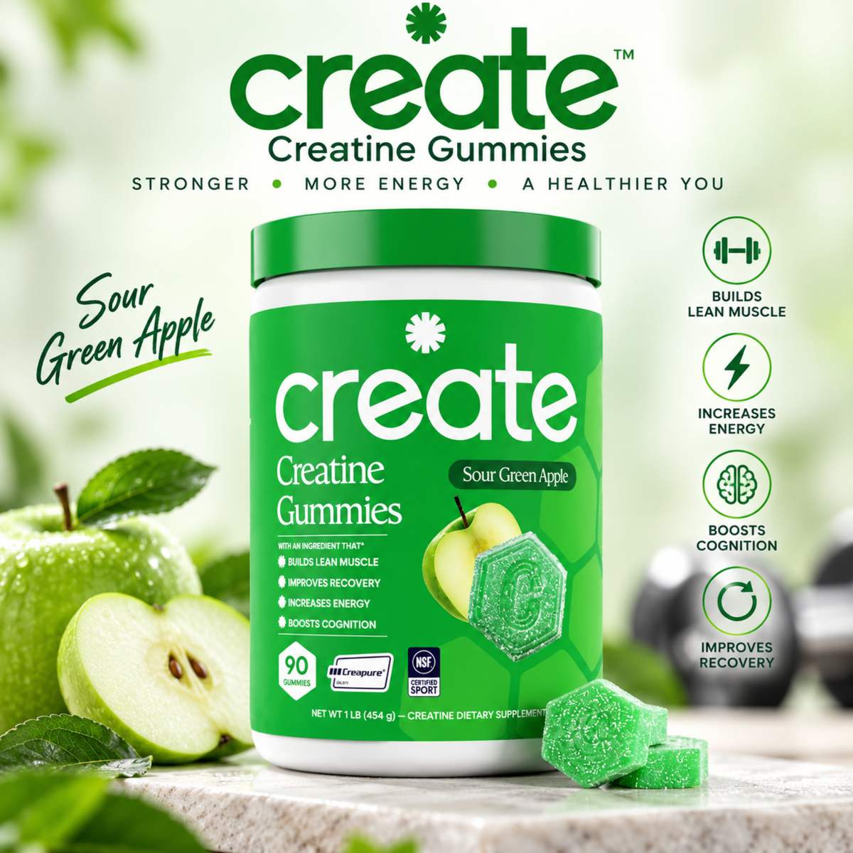 Create Creatine Gummies – Sour Green Apple | 1.5g per Gummy