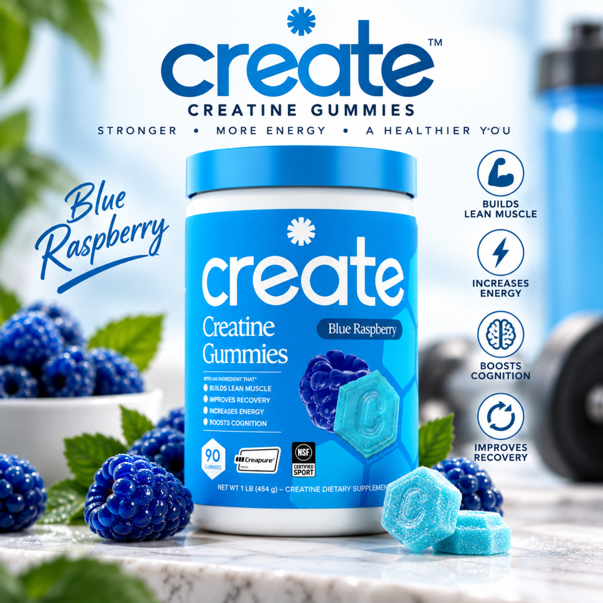 Create Creatine Monohydrate Gummies – Blue Raspberry (90 Count)