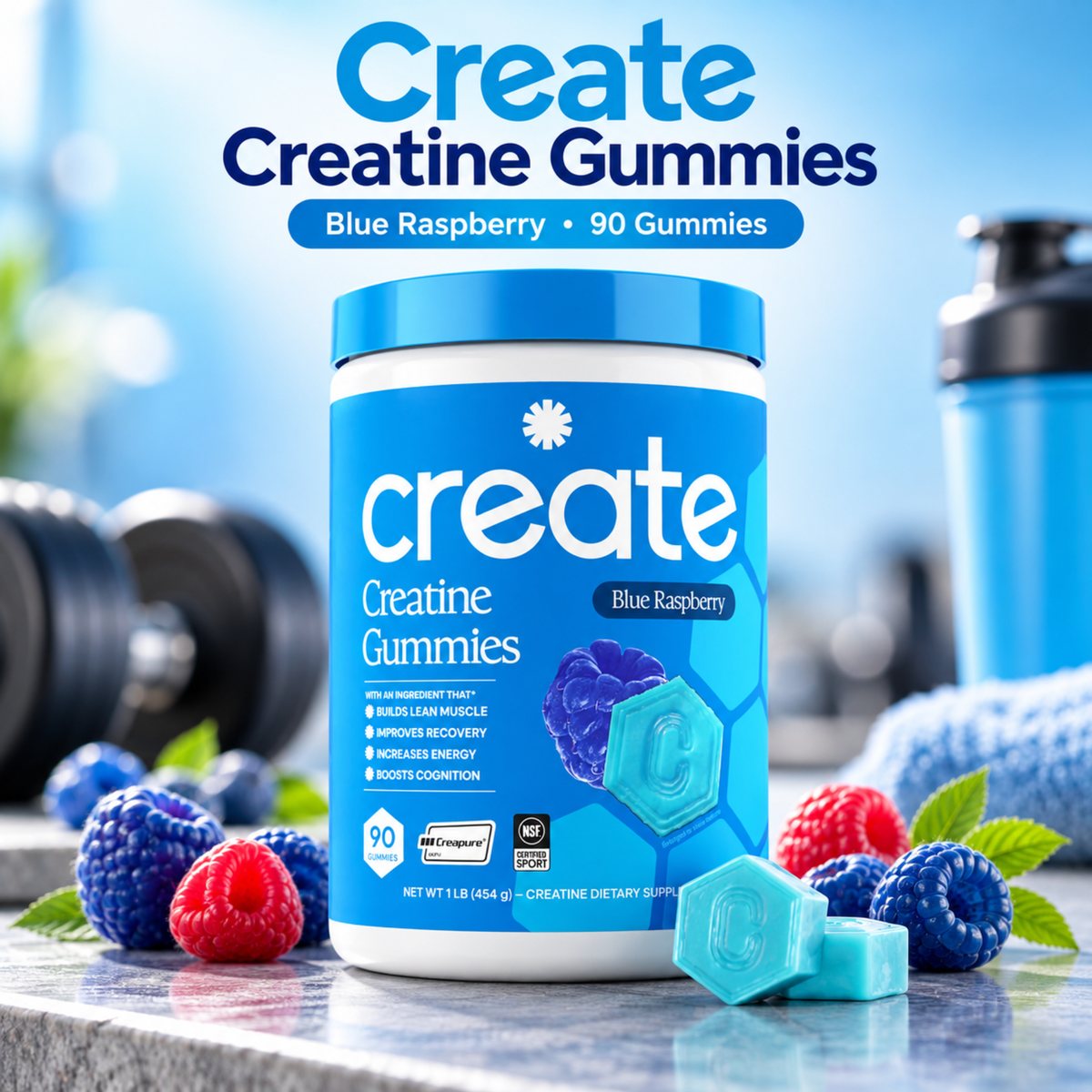 Creatine Monohydrate Gummies, Blue Raspberry, 90 Count