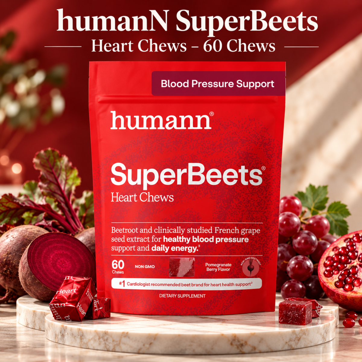 HumanN SuperBeets Heart Chews, Pomegranate Berry, 60 Count