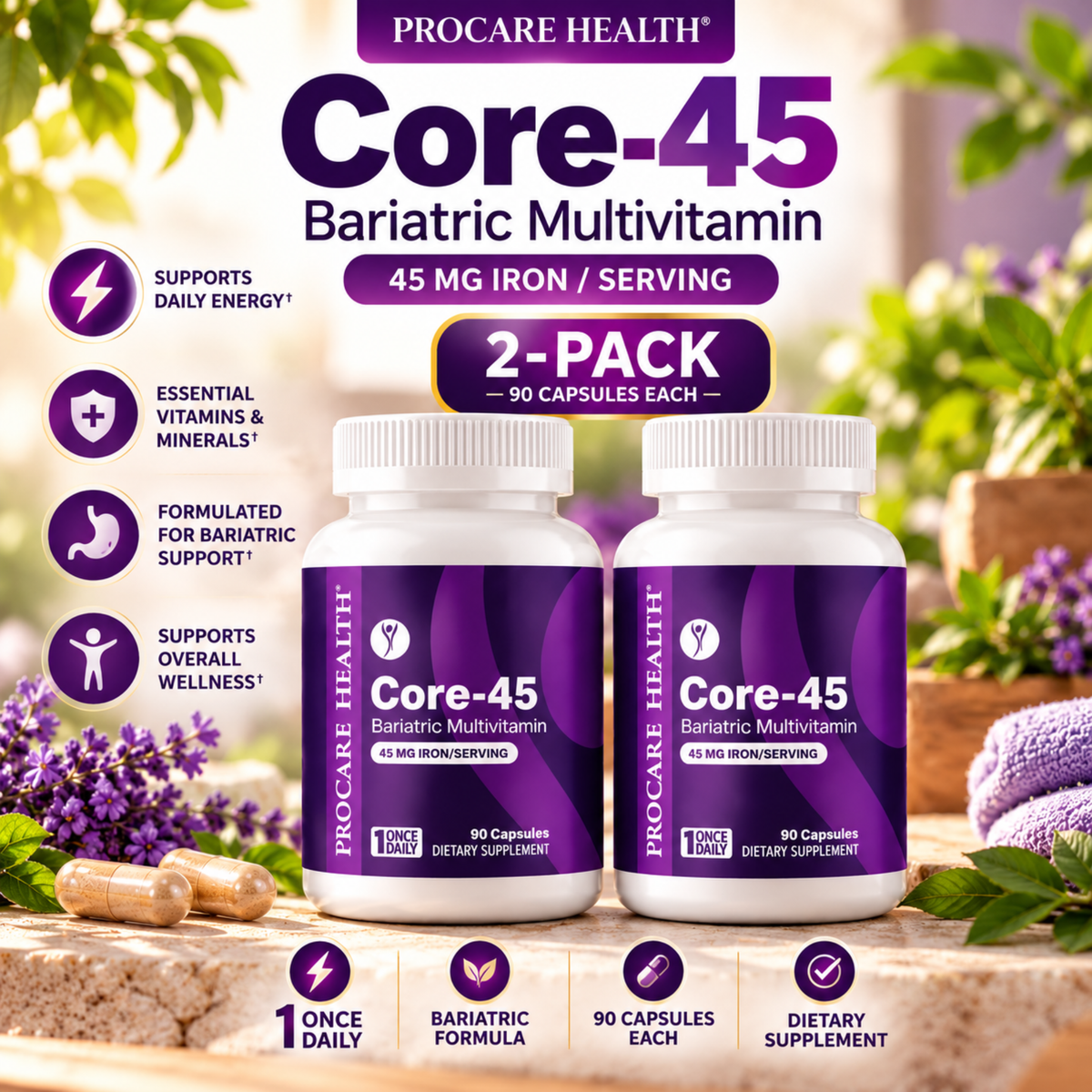 ProCare Health Core-45 Multivitamin 45mg Iron – 90 Capsules (2-Pack)